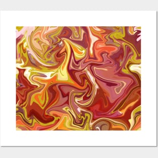 Summer Berries and Gold  Silk Marble - Red, Yellow, Orange, Pink Liquid Paint Pattern Posters and Art